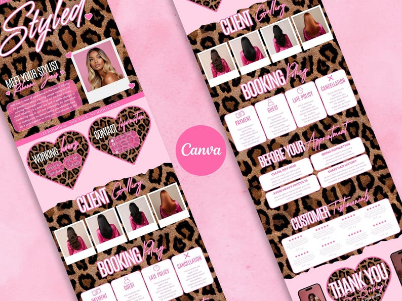 May include: Pink and leopard print promotional material for a hair stylist. The design includes a photo of a woman with blonde hair, client photos, and booking information. The word "Styled" is at the top.