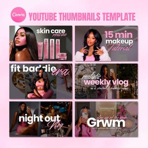 Puede incluir: Plantilla de miniaturas de YouTube rosas con seis diseños diferentes. Las miniaturas presentan imágenes de mujeres con superposiciones de texto como "skin care routine", "15 min makeup tutorial", "fit baddie era", "realistic weekly vlog", "night out vlog" y "Grwm".