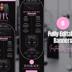 Pode incluir: Design gr&aacute;fico preto e rosa para um cabeleireiro, com uma mulher com cabelo longo e preto. O design inclui o texto "HR HAIR BY ROSE", "MEET YOUR HAIR STYLIST", "BOOKING POLICIES" e "8 Fully Editable Banners Instant Access!"