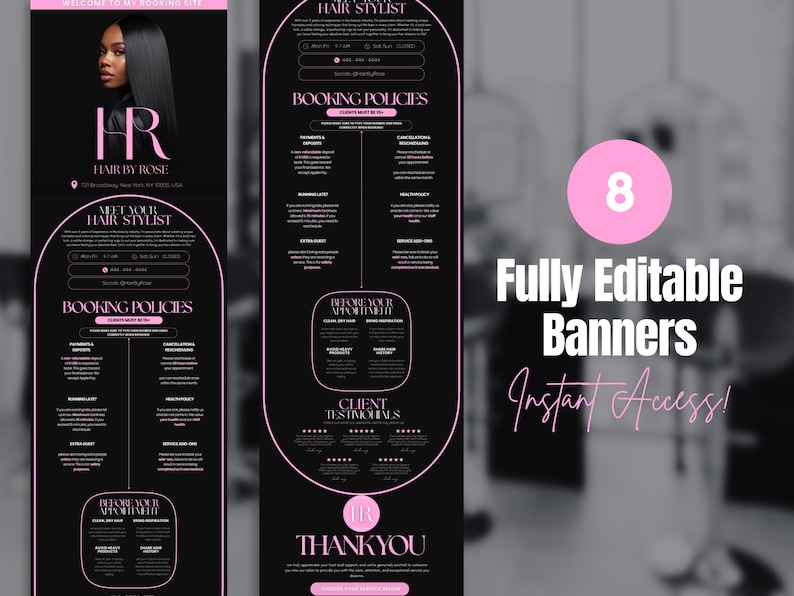 Pode incluir: Design gr&aacute;fico preto e rosa para um cabeleireiro, com uma mulher com cabelo longo e preto. O design inclui o texto "HR HAIR BY ROSE", "MEET YOUR HAIR STYLIST", "BOOKING POLICIES" e "8 Fully Editable Banners Instant Access!"