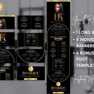 K&ouml;nnte beinhalten: Ein digitales Marketingpaket mit einem schwarz-goldenen Design. Das Paket enth&auml;lt ein langes Banner, einzelne Banner und Instagram-Post-Vorlagen. Der Text enth&auml;lt "Hair by Kriss", "Booking Site" und "Instant Access!"