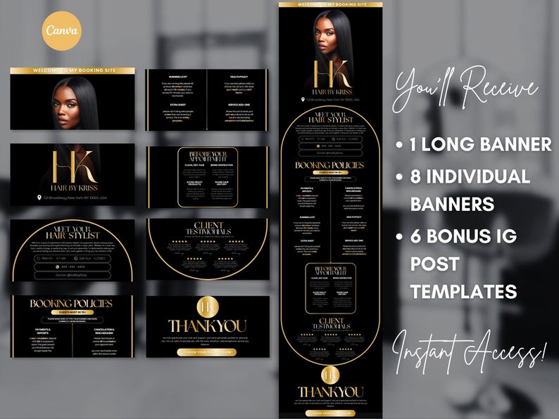 K&ouml;nnte beinhalten: Ein digitales Marketingpaket mit einem schwarz-goldenen Design. Das Paket enth&auml;lt ein langes Banner, einzelne Banner und Instagram-Post-Vorlagen. Der Text enth&auml;lt "Hair by Kriss", "Booking Site" und "Instant Access!"