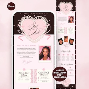 May include: A digital website template for a nail business featuring a dark brown background with pink accents, a large heart-shaped lace graphic, the text Just Nails, a portrait photo, business hours, contact information, and six Instagram post templates.