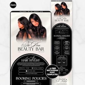 Könnte beinhalten: Eine Werbegrafik für The Diva Beauty Bar, einen Friseursalon. Das Design zeigt Bilder von Frauen mit langen, dunklen Haaren und enthält Text zu Friseurdienstleistungen, Buchungsrichtlinien und Instagram-Postvorlagen. Das Farbschema ist Schwarz, Weiß und Beige.