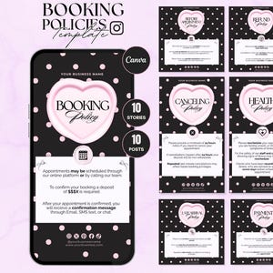 以下が含まれることがあります： 予約ポリシーのデジタルテンプレート。ピンクのハートのデザインと「Booking Policy」の文字が入ったスマートフォンのグラフィックが特徴です。追加のカードには、払い戻し、キャンセル、健康、遅延、支払いに関するポリシーが記載されています。背景は白のドットが入った黒です。