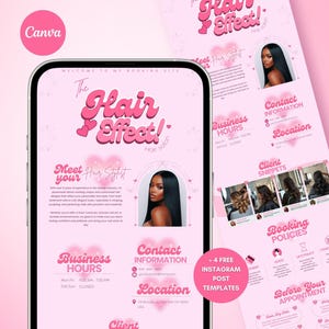 May include: A pink digital marketing template for a hair salon, displayed on a smartphone and a separate page. The design features the text "The Hair Effect!" in a playful font, along with business information, client photos, and booking policies. The Canva logo is visible.