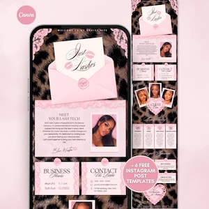 Könnte beinhalten: Eine digitale Vorlage für eine Beauty-Unternehmenswebsite mit einem Leopardenmuster-Hintergrund und rosa Spitzenakzenten. Das Layout enthält Abschnitte für Geschäftszeiten, Kontaktinformationen, Kundenbewertungen und ein Profil.