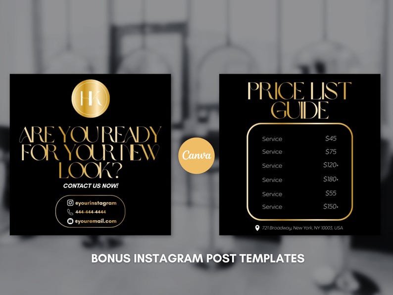 K&ouml;nnte beinhalten: Schwarz-goldene Instagram-Post-Vorlagen. Eine Vorlage lautet "Sind Sie bereit f&uuml;r Ihren neuen Look?" mit Kontaktinformationen. Die andere Vorlage ist eine Preislisten&uuml;bersicht. Der Text "Bonus Instagram Post Templates" steht unten.