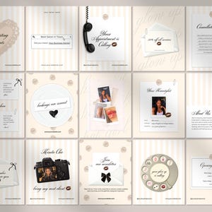 Op de afbeelding: Een verzameling van vijftien beige en wit gestreepte social media sjablonen voor een salon, met diverse afbeeldingen waaronder een telefoon, camera, enveloppen en tekst zoals Accepting Clients, Cancellation Policy en About Us.