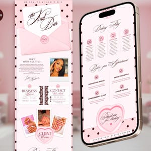 May include: A digital template for a nail salon booking site featuring a pink and black polka dot theme. The layout includes sections for booking policies, business hours, contact information, and client photos, all displayed on a smartphone screen.