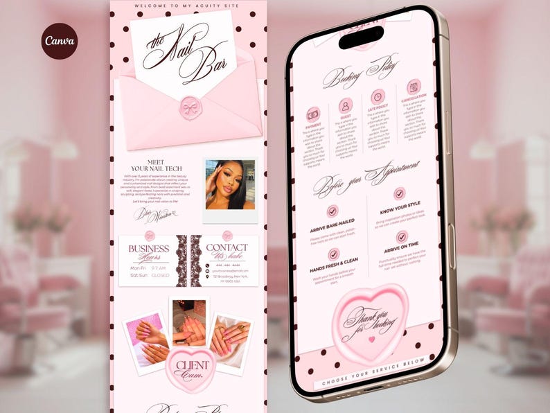 May include: A digital template for a nail salon booking site featuring a pink and black polka dot theme. The layout includes sections for booking policies, business hours, contact information, and client photos, all displayed on a smartphone screen.
