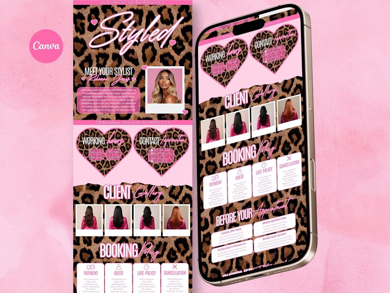 May include: A pink and brown leopard print design with the word "Styled" in cursive. The image includes a phone displaying a hair salon's booking information, with sections for client gallery, booking policy, and contact details.