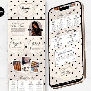 May include: A digital advertisement for a nail technician, featuring a phone displaying a booking interface. The design includes a cream background with black polka dots, a heart-shaped logo, and the text "Nailed it." Additional elements include photos of nail designs.