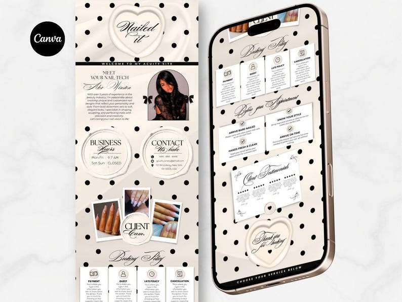 May include: A digital advertisement for a nail technician, featuring a phone displaying a booking interface. The design includes a cream background with black polka dots, a heart-shaped logo, and the text "Nailed it." Additional elements include photos of nail designs.