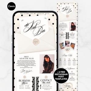 May include: A digital template for a nail technician booking site displayed on a smartphone screen. The design features a cream background with black polka dots, an envelope graphic with a bow wax seal, and the text The Nail Bar. Includes sections for business hours, contact information, and a photo placeholder.