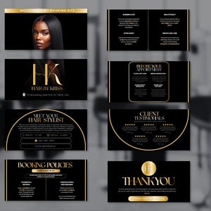 K&ouml;nnte beinhalten: Eine Sammlung schwarzer und goldener Visitenkarten f&uuml;r einen Friseursalon. Die Karten zeigen das Logo des Salons, Kontaktinformationen, Buchungsrichtlinien und Kundenreferenzen. Das Design beinhaltet ein Foto einer Frau mit langen, glatten Haaren.