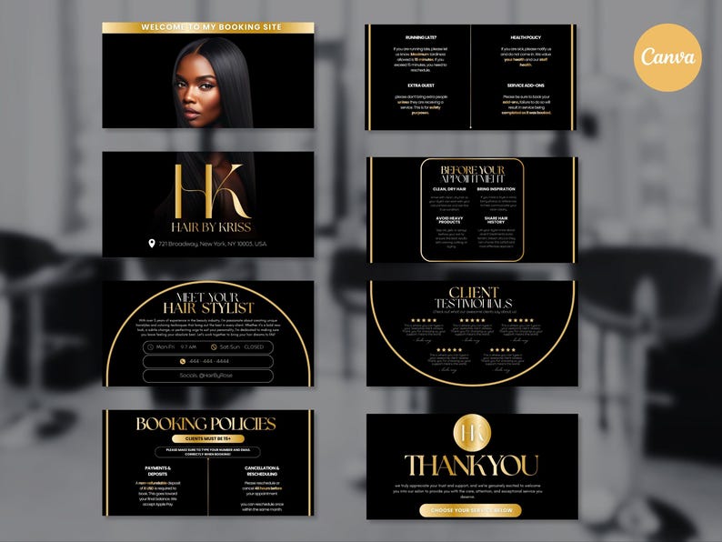 K&ouml;nnte beinhalten: Eine Sammlung schwarzer und goldener Visitenkarten f&uuml;r einen Friseursalon. Die Karten zeigen das Logo des Salons, Kontaktinformationen, Buchungsrichtlinien und Kundenreferenzen. Das Design beinhaltet ein Foto einer Frau mit langen, glatten Haaren.