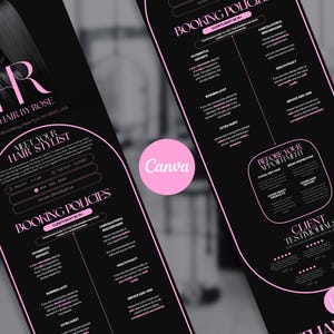 Pode incluir: Material promocional preto e rosa para uma cabeleireira, apresentando uma mulher com cabelo longo e escuro. O design inclui o logotipo da estilista, informa&ccedil;&otilde;es de contato e pol&iacute;ticas de reserva. A palavra "Canva" tamb&eacute;m &eacute; vis&iacute;vel.