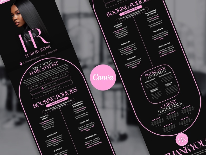 Pode incluir: Material promocional preto e rosa para uma cabeleireira, apresentando uma mulher com cabelo longo e escuro. O design inclui o logotipo da estilista, informa&ccedil;&otilde;es de contato e pol&iacute;ticas de reserva. A palavra "Canva" tamb&eacute;m &eacute; vis&iacute;vel.