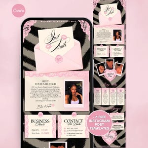 May include: A digital template for a nail technician website featuring a black and grey zebra print background with light pink lace accents. The layout includes sections for business hours, contact information, and a bio with a photo placeholder.