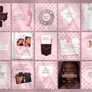May include: A collection of fifteen pink social media templates featuring polka dot backgrounds, bows, and beauty salon themes. The designs include text, photography placeholders, price lists, appointment booking prompts, and icons like a rotary phone.