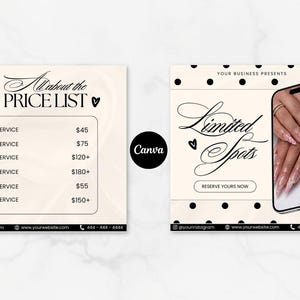 May include: Two cream-colored promotional graphics. One displays a price list with services and prices. The other says "Limited Spots" with a phone showing a manicure. Both have social media handles and a phone number.