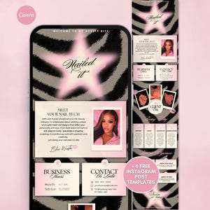 May include: A digital template for a nail technician website featuring a black and gray zebra print background with soft pink glowing star accents. The layout includes sections for a professional bio, business hours, contact info, and policy details.