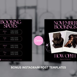 Pode incluir: Modelos de posts do Instagram pretos com texto rosa. Um post mostra hor&aacute;rios de reserva da semana, o outro mostra reservas de novembro com fotos de cabelos longos e escuros. O texto "NOW OPEN" tamb&eacute;m &eacute; vis&iacute;vel.