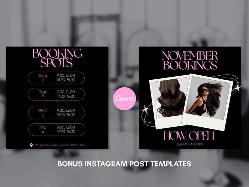 Pode incluir: Modelos de posts do Instagram pretos com texto rosa. Um post mostra hor&aacute;rios de reserva da semana, o outro mostra reservas de novembro com fotos de cabelos longos e escuros. O texto "NOW OPEN" tamb&eacute;m &eacute; vis&iacute;vel.