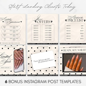 May include: Six Instagram post templates with a cream background and black polka dots. The templates include text such as "Available Appointments," "June Offers," and "All About the Price List." Other templates say "Limited Spots" and "Ready, Set, Nailed!"