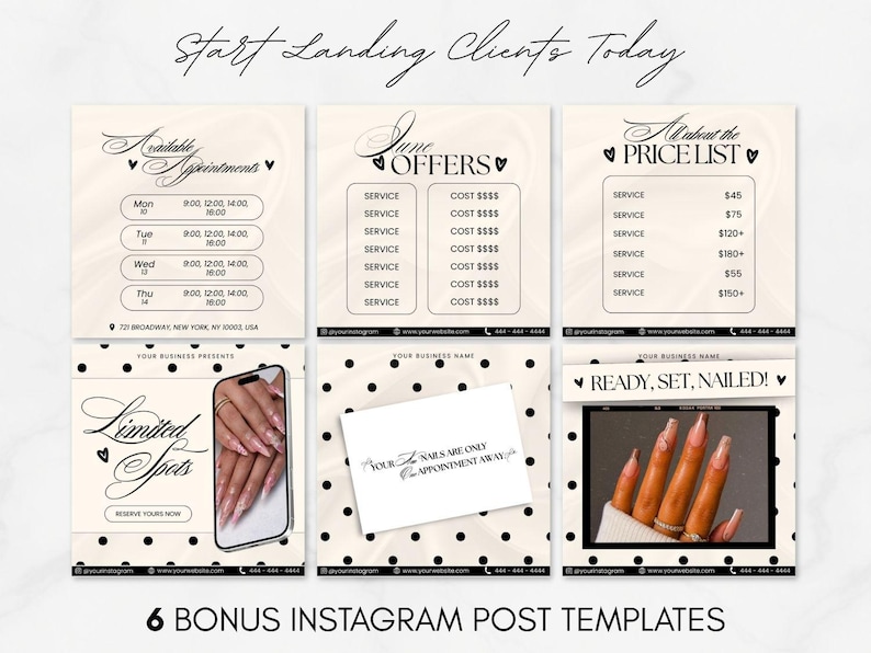 May include: Six Instagram post templates with a cream background and black polka dots. The templates include text such as "Available Appointments," "June Offers," and "All About the Price List." Other templates say "Limited Spots" and "Ready, Set, Nailed!"