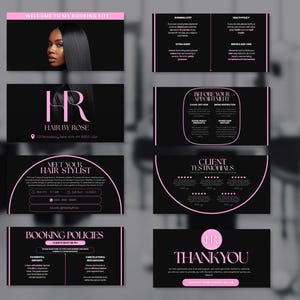 Pode incluir: Um conjunto de materiais promocionais em preto e rosa para um sal&atilde;o de cabeleireiro, com o texto "Hair by Rose". Os designs incluem informa&ccedil;&otilde;es sobre reservas, pol&iacute;ticas e depoimentos de clientes. Apresenta uma mulher com cabelo comprido e preto liso.