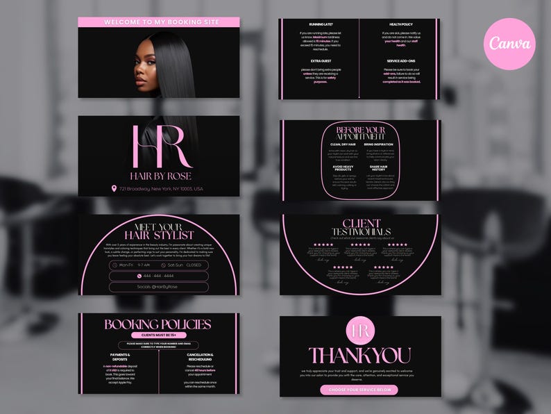 Pode incluir: Um conjunto de materiais promocionais em preto e rosa para um sal&atilde;o de cabeleireiro, com o texto "Hair by Rose". Os designs incluem informa&ccedil;&otilde;es sobre reservas, pol&iacute;ticas e depoimentos de clientes. Apresenta uma mulher com cabelo comprido e preto liso.