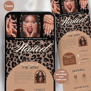 Może przedstawiać: Projekt marketingu cyfrowego dla stylistki paznokci, z ekranem telefonu i ulotką. Telefon wyświetla zdjęcia manicure i kobiety. Ulotka zawiera dane kontaktowe, godziny otwarcia i szczegóły rezerwacji. Projekt ma tło w panterkę.