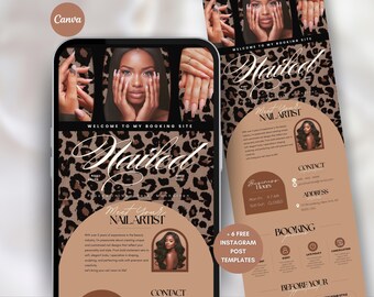 May include: A digital marketing design for a nail artist, featuring a phone screen and a flyer. The phone displays images of manicured nails and a woman. The flyer includes contact information, business hours, and booking details. The design has a leopard print background.