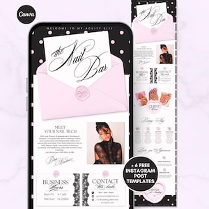 May include: A digital template for a nail salon website featuring a black background with white polka dots, a light pink envelope with a wax seal, and text that reads The Nail Bar, Meet Your Nail Tech, Business Hours, and Contact Us babe.