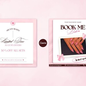 May include: A promotional social media graphic set in light pink featuring text that reads ARE YOU READY? Limited Time AUGUST OFFERS 30% OFF ALL SETS, and a second graphic with BOOK ME Babe, a photo of manicured pink nails, and limited spots text.