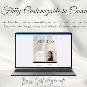 Puede incluir: Un port&aacute;til muestra una plantilla de sitio web para un negocio de est&eacute;tica. La pantalla muestra la palabra "ESTHETICS" y el texto "Fully Customizable in Canva". El port&aacute;til est&aacute; sobre un fondo de sat&eacute;n blanco. El texto "Boss Girl Approved!" est&aacute; en la parte inferior.