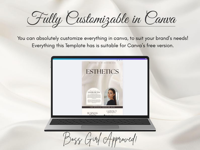 Puede incluir: Un port&aacute;til muestra una plantilla de sitio web para un negocio de est&eacute;tica. La pantalla muestra la palabra "ESTHETICS" y el texto "Fully Customizable in Canva". El port&aacute;til est&aacute; sobre un fondo de sat&eacute;n blanco. El texto "Boss Girl Approved!" est&aacute; en la parte inferior.