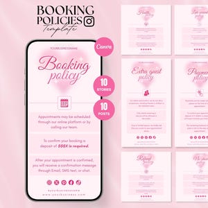 Könnte beinhalten: Eine rosa Vorlage für Buchungsrichtlinien, mit einem Smartphone, das eine Buchungsrichtlinie mit Text und Symbolen anzeigt. Zusätzliche Karten detaillieren Gesundheits-, Extra-Gast-, Zahlungs-, Rückerstattungs- und No-Show-Richtlinien. Das Design enthält den Text "Booking Policies Template".