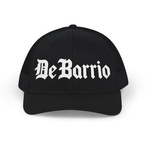 Black Trucker Hat, De Barrio Old English Embroidered Cap, Latino Streetwear, Chicano Snapback, Cultural Pride Hat, DeBarrio