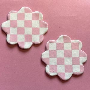 Handmade Clay Coasters with pink chequered design
