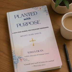 May include: A hardback journal titled "PLANTED with PURPOSE" with floral detailing, a gold cross, and the author's name, Tonya Dean. The journal is on a wooden surface, next to a pen, a cup of coffee, and a small potted plant.