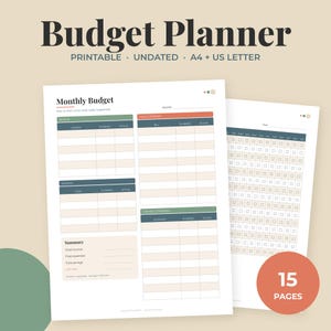 Peut inclure: Un planificateur de budget imprimable avec deux pages visibles. La première page présente des sections pour le budget mensuel, les revenus, l'épargne, les dépenses fixes, variables et un résumé. La seconde page montre une grille de suivi. Texte inclus : Budget Planner, Printable, Undated, A4 + US Letter, Monthly Budget, 15 Pages.