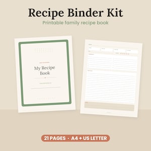 May include: A Recipe Binder Kit featuring a printable family recipe book with 21 pages in A4 and US Letter sizes. The cover displays the text My Recipe Book, and the interior page includes fields for recipe details, ingredients, and instructions.