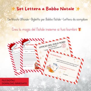 Può includere: Un set di cancelleria natalizia stampabile. Include una lettera a Babbo Natale, un elenco di buone azioni e un certificato. I disegni presentano bordi rossi e bianchi, cappelli di Babbo Natale e illustrazioni festive. Il testo dice "Set Letter to Santa" e "File Digitali, Download Immediato."