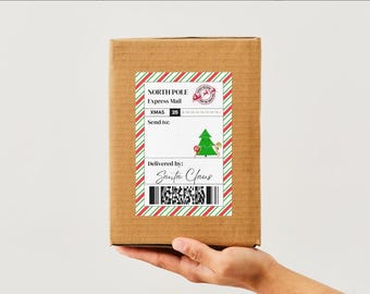 Etiqueta para paquete navideño de North Pole Express Mail: Etiqueta de regalo navideña para paquetes (PNG + PDF imprimible) | Estilo postal vintage