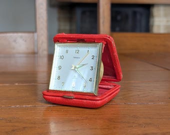 Réveil De Voyage Vintage – Valise Pliable Cuir Rouge, Quartz, Métal Noir, Alarme