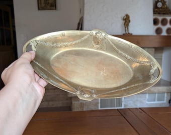Vintage brass fruit tray with ornate handles Art Nouveau style decorative serving dish