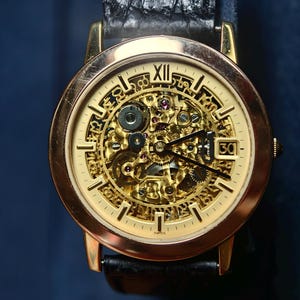 Puede incluir: Reloj esqueleto dorado con esfera color crema y correa de cuero negro. La esfera del reloj presenta números romanos y engranajes internos visibles. La fecha está fijada en 30. El reloj está etiquetado como "SWISS".